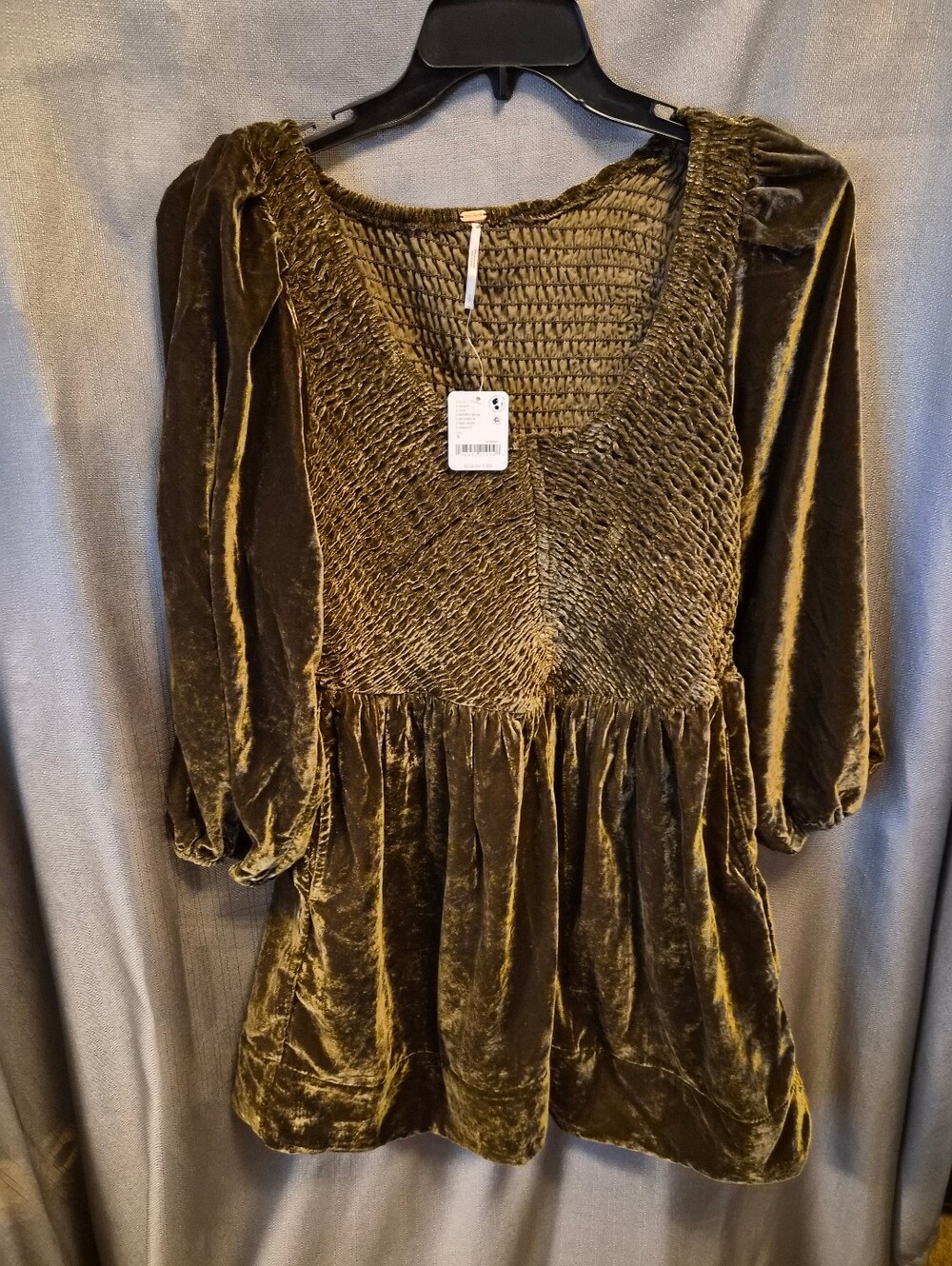 Free People Olive Green Velvet Smocked Peasant Dress PS